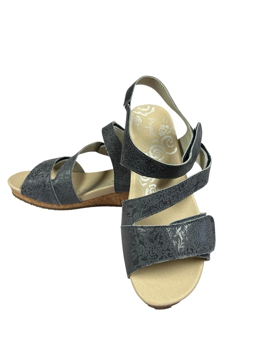 Propet Millie Women's Espadrille Wedge Sandals with a floral embossed pattern 10